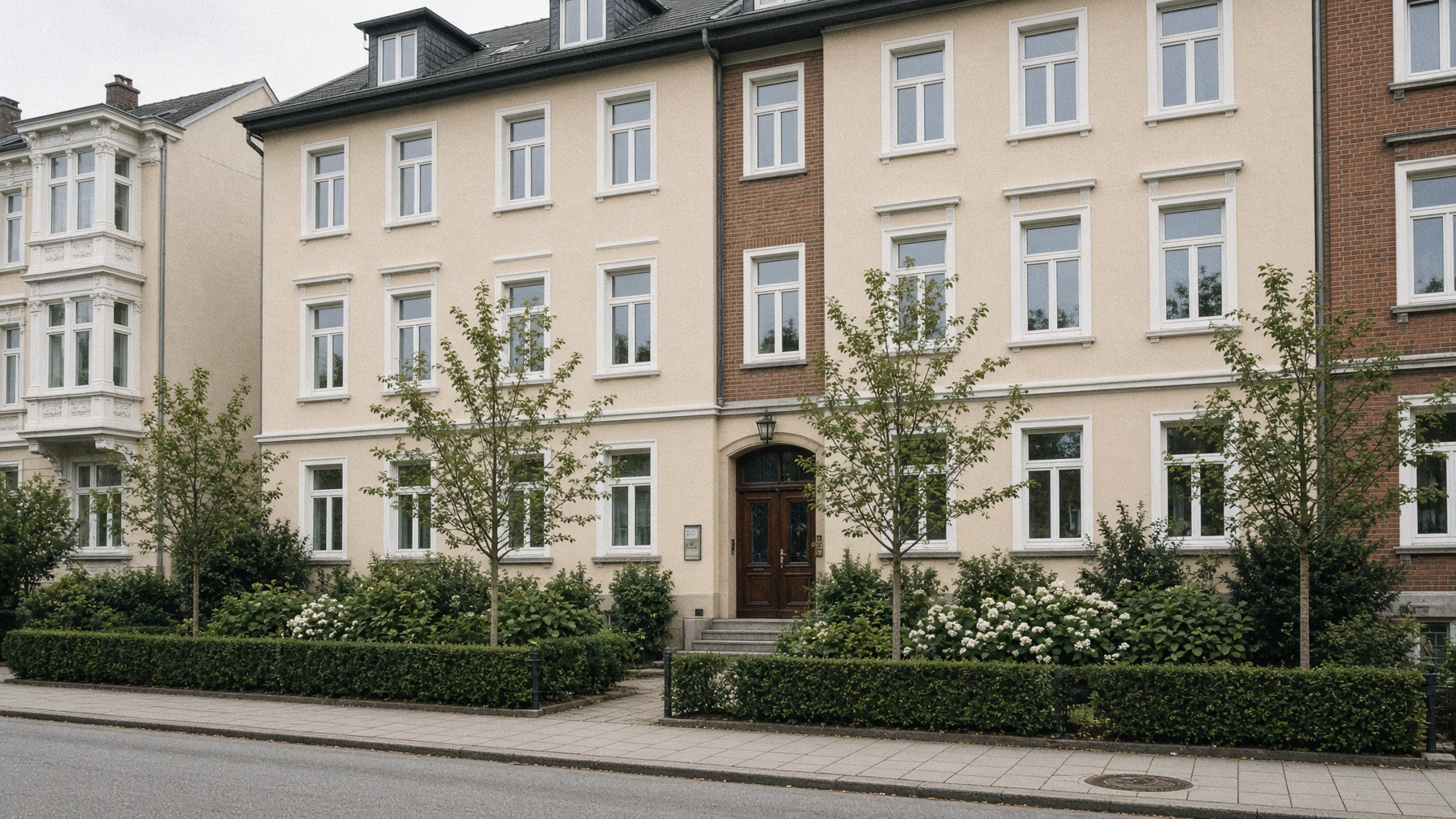 Gepflegte Fassade eines Mehrfamilienhauses mit Vorgarten