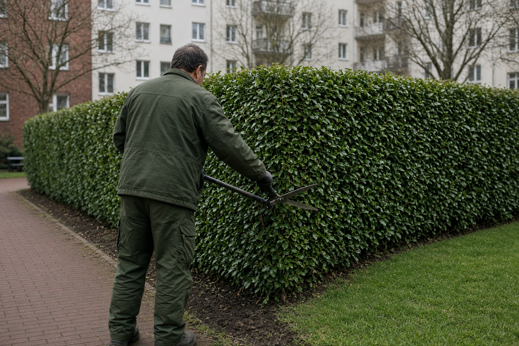 Heckenpflege im Innenhof einer Wohnanlage