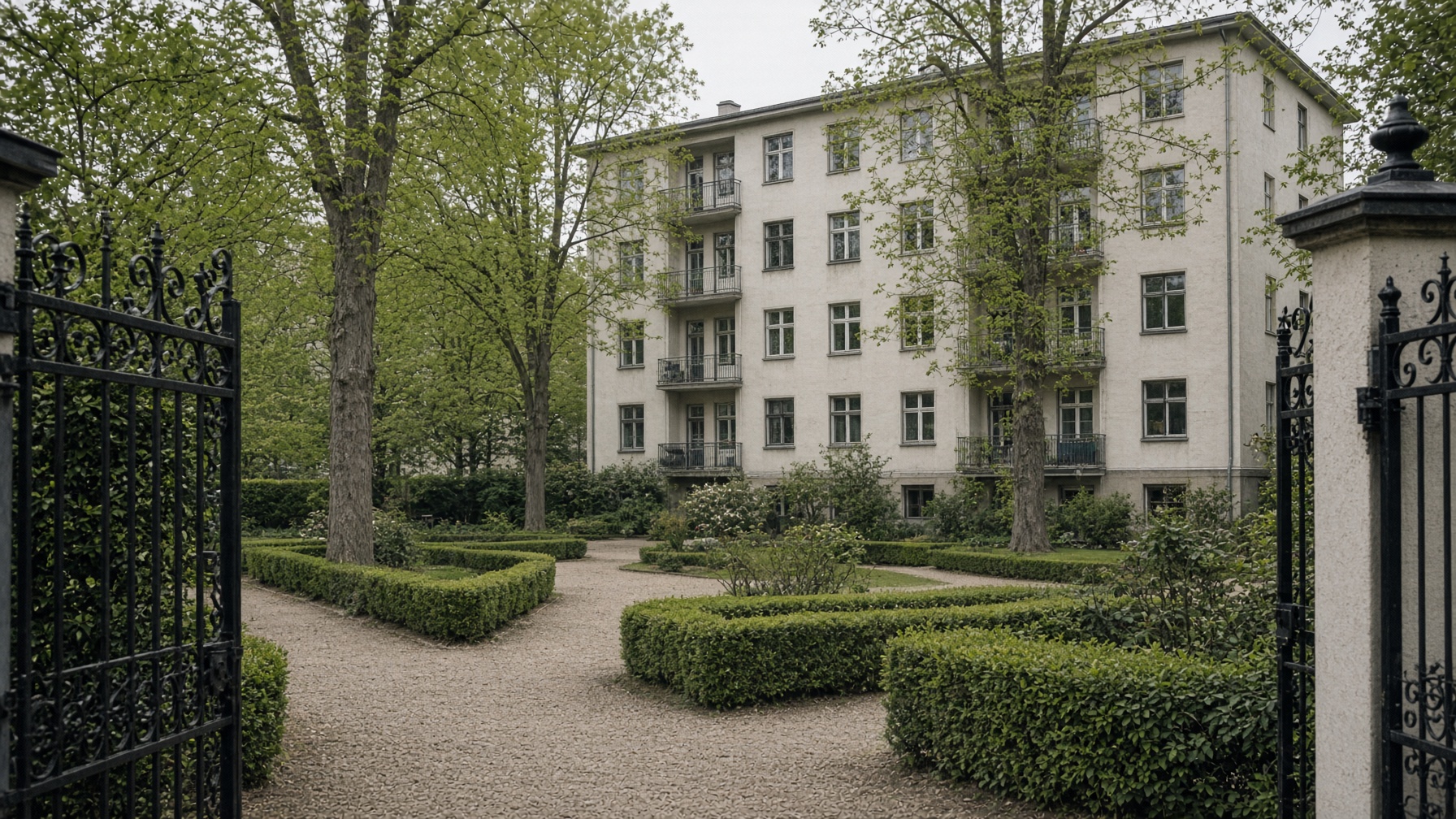 Gepflegter Innenhof einer Wohnanlage mit geschnittenen Hecken