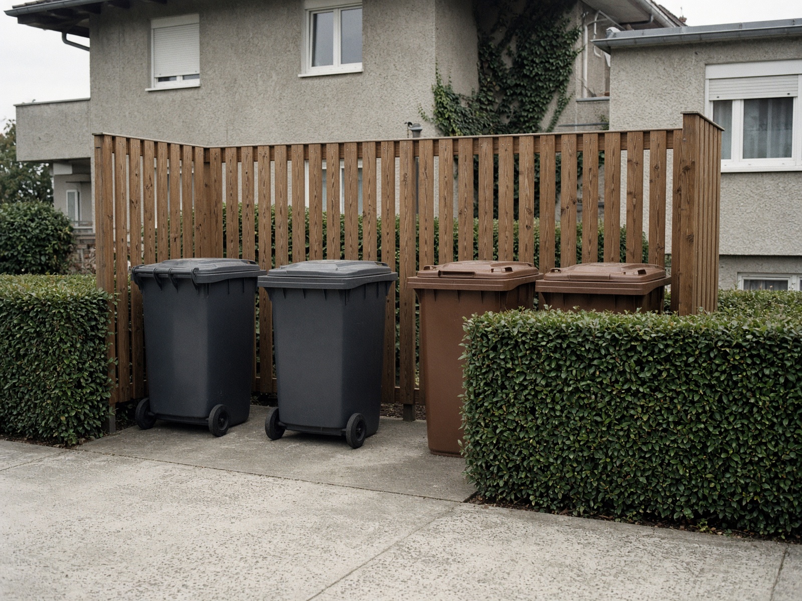 Ordentlicher Mülltonnenplatz hinter einer Hecke