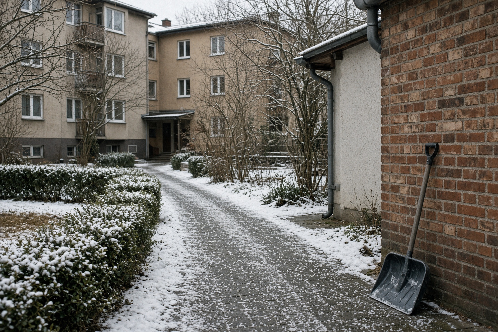 Geräumter und gestreuter Weg im Innenhof einer Wohnanlage